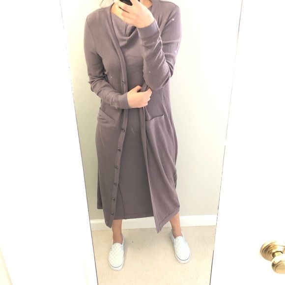 Beautiful soft light weight mauve color knitted long cardigan & long dress set - Picture 1 of 17